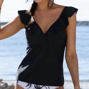 Women's‎ NWT Beachsissi V Neck Ruffle Shoulder Tankini Top Black M
